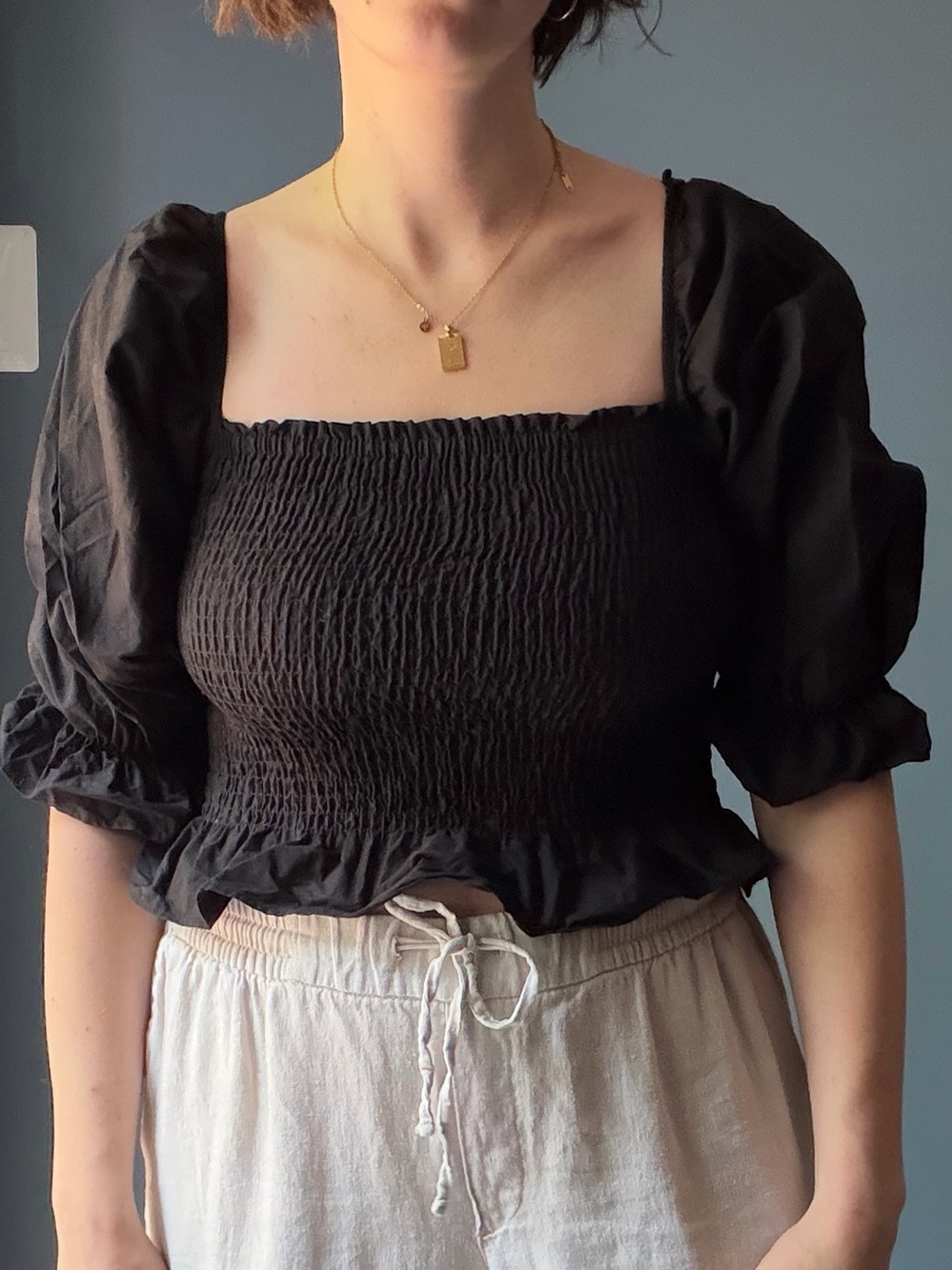 Zara Black Smocked Square-Neck Puff Sleeve Crop Top
